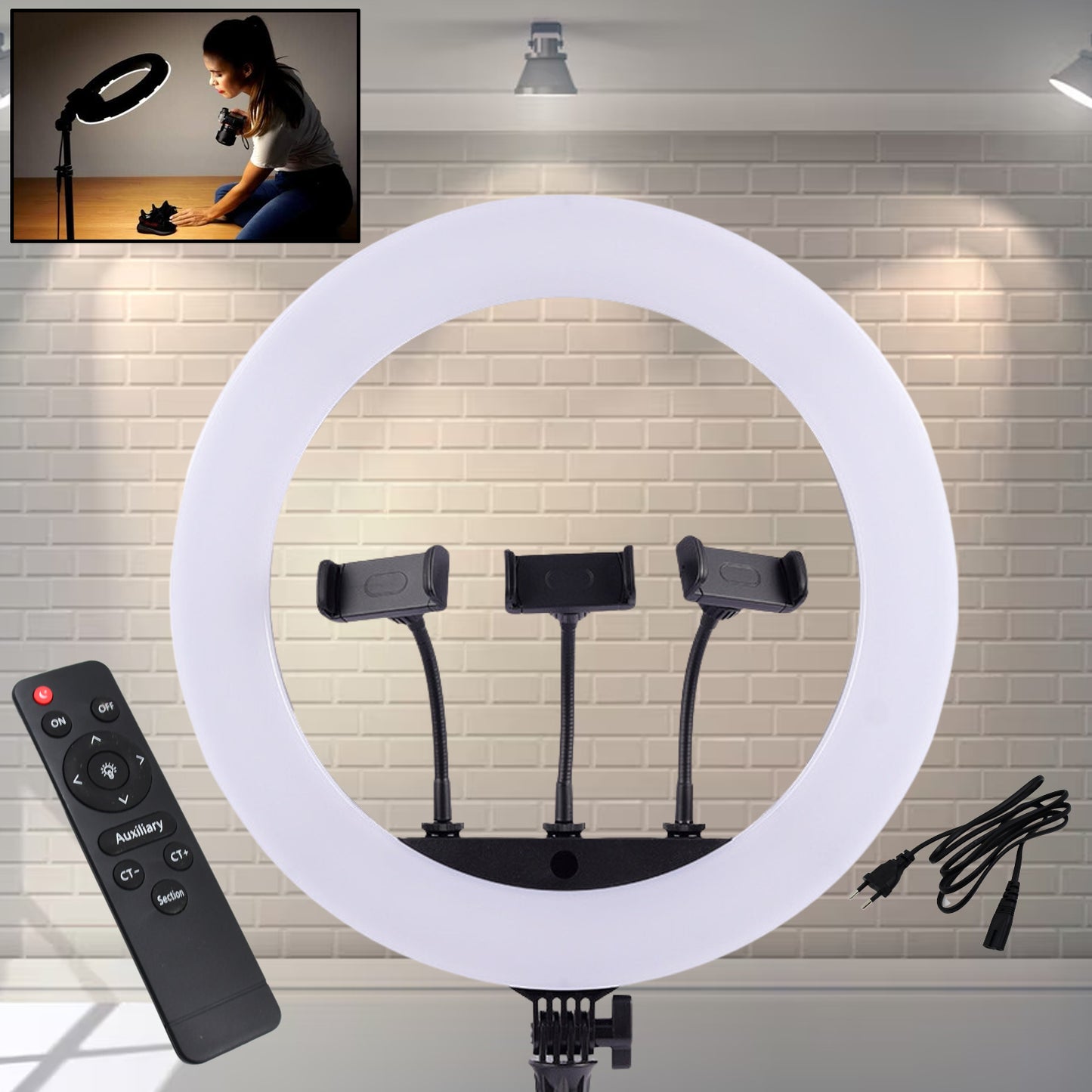 18 Inch Led Ring Light With 3 Colour Modes  3 Mobile Holders Remote Control (1 Set)