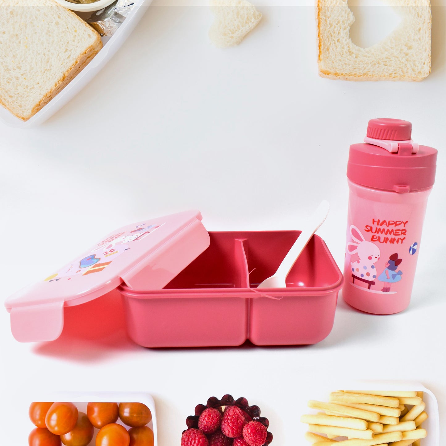 Plastic Lunch Box Leak Proof 2 Compartment With Bottle And Fork (1 Set  Mix Color)