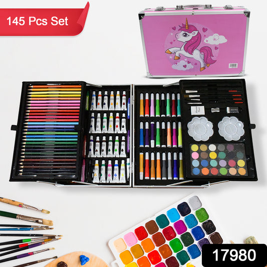 17980professional Art Set-drawing Painting Sketching Coloring Kids Set All In 1 Art Case Perfect For Kids With Unicorn Design Case Shading Crayons Oil Pastels Color Set Watercolor Cakes Paint Brush Sharpener Eraser (145 Pcs Set)