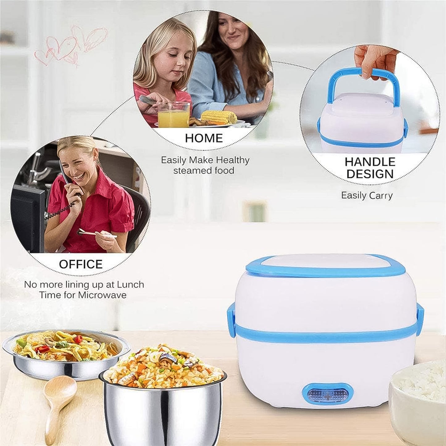 Electric Lunch Box 3 In 1 Food Heater  Cooker  Steamer With Stainless Steel Bowls (1 Set)